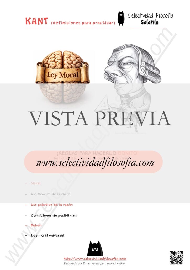 Vista previa de selección de conceptos de Kant para preparar las definiciones del examen PAU y PCE de Filosofía. Descargable en botón inferior. Elaborado por Esther Varela - SeleFilo.