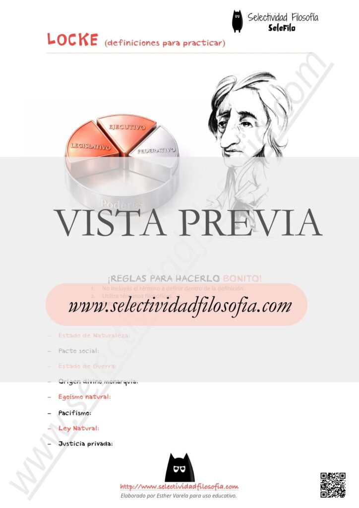 Vista previa de selección de conceptos de Locke para preparar las definiciones del examen PAU y PCE de Filosofía. Descargable en botón inferior. Elaborado por Esther Varela - SeleFilo.