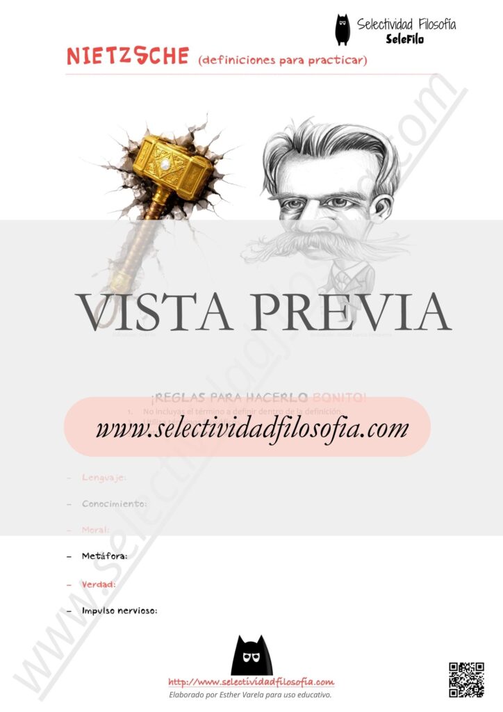 Vista previa de selección de conceptos de Nietzsche para preparar las definiciones del examen PAU y PCE de Filosofía. Descargable en botón inferior. Elaborado por Esther Varela - SeleFilo.
