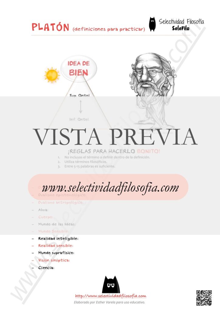 Vista previa de selección de conceptos de Platón para preparar las definiciones del examen PAU y PCE de Filosofía. Descargable en botón inferior. Elaborado por Esther Varela - SeleFilo.
