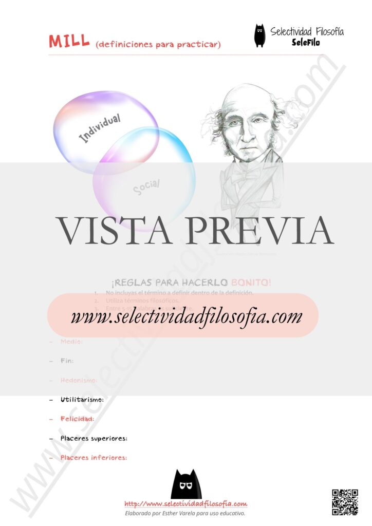 Vista previa de selección de conceptos de Stuart Mill para preparar las definiciones del examen PAU y PCE de Filosofía. Descargable en botón inferior. Elaborado por Esther Varela - SeleFilo.