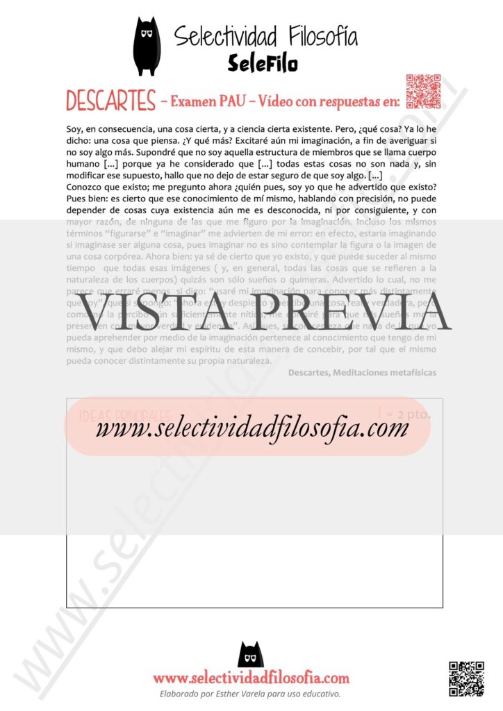 Vista previa de examen PAU de PDescartes resuelto. Descargable en PDF en el botón inferior.