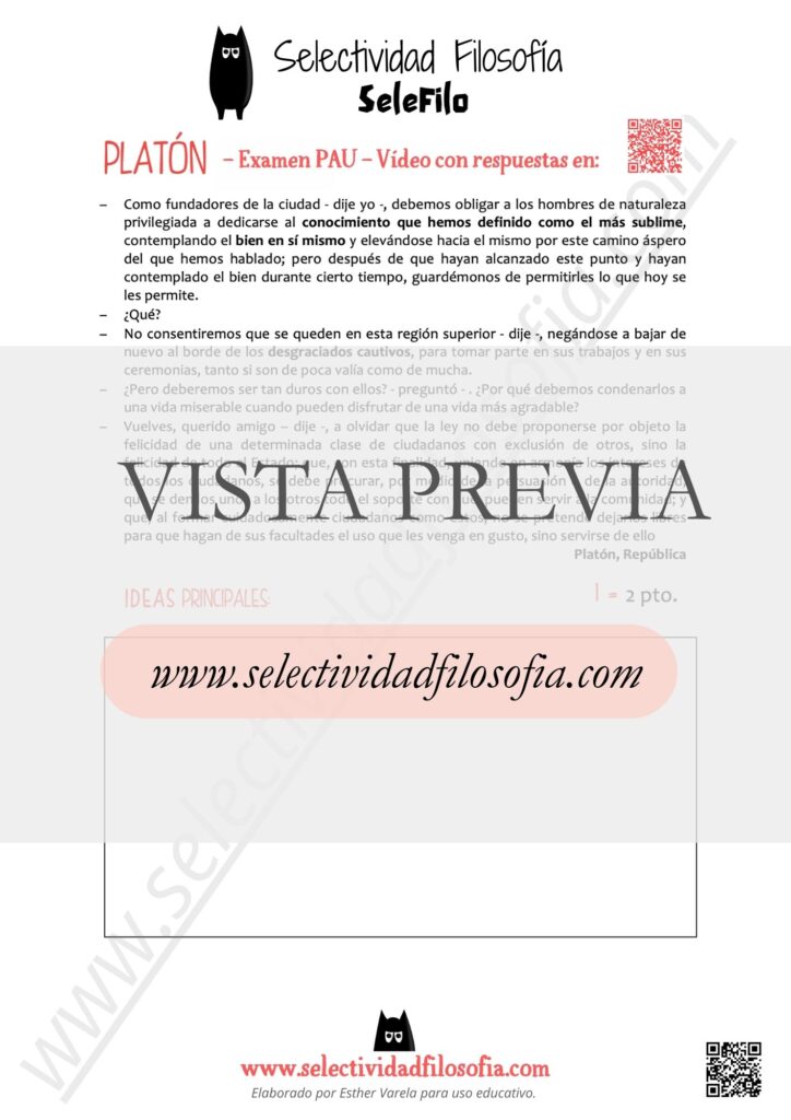 Vista previa de examen PAU de Platón resuelto. Descargable en PDF en el botón inferior.