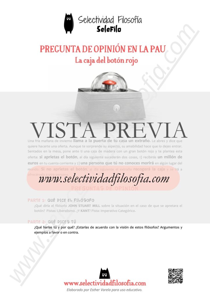 Vista previa de una ficha para preparar la opinión filosófica en selectividad. Descargable en botón inferior.