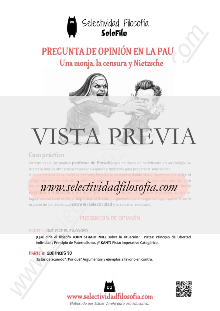 Vista previa de ilustración de una monja censurando a nietzsche para ficha educativa descargable en botón inferior