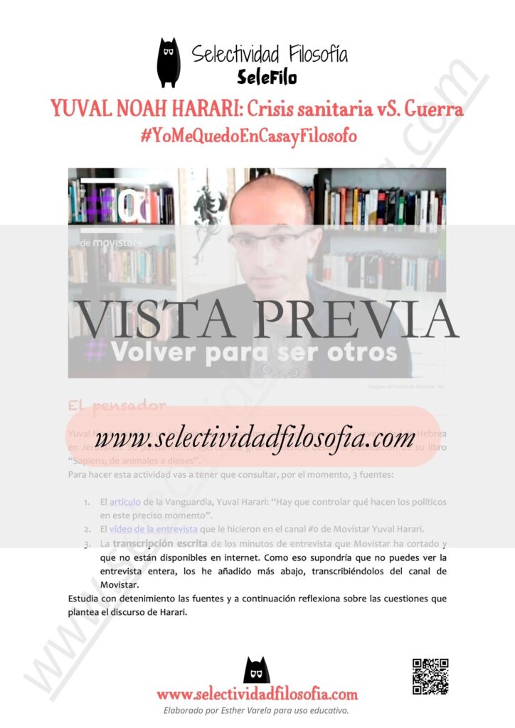 Vista previa de actividad sobre Yuval Harari para preparar la opinión filosófica. Descargable en botón inferior.