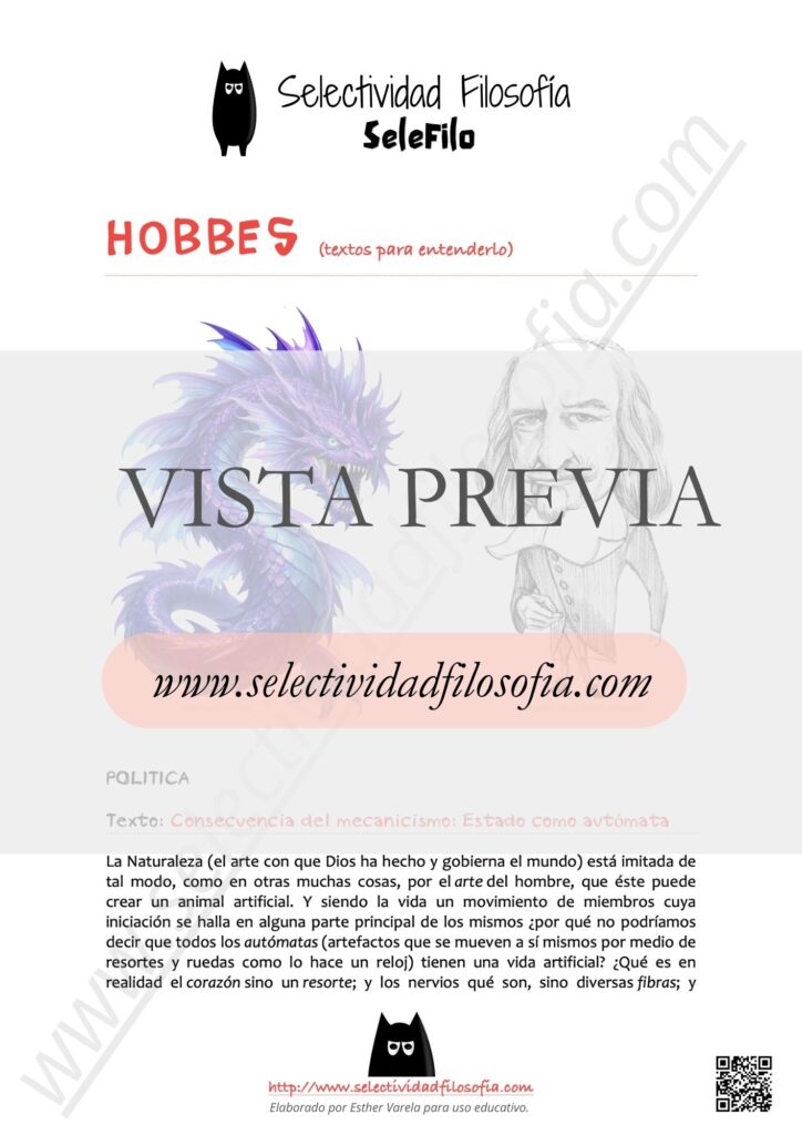 Vista previa de ficha de Batería de textos del filósofo Hobbes con idea resumen de cada uno de ellos, para los exámenes PAU y PCE de Filosofía. Descargable en botón inferior. De Esther Varela, SeleFilo.
