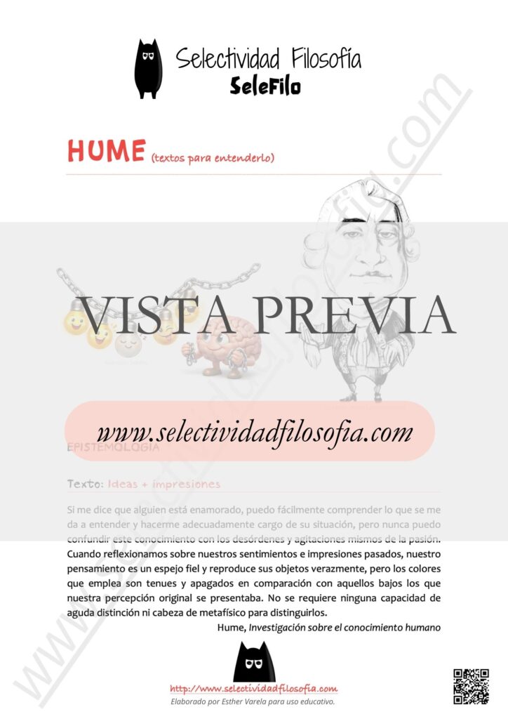 Vista previa de ficha de Batería de textos del filósofo Hume con idea resumen de cada uno de ellos, para los exámenes PAU y PCE de Filosofía. Descargable en botón inferior. De Esther Varela, SeleFilo.