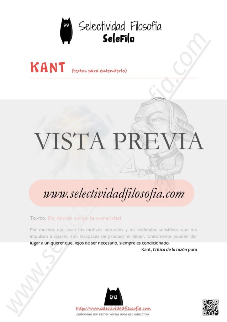 Vista previa de ficha de Batería de textos del filósofo Kant con idea resumen de cada uno de ellos, para los exámenes PAU y PCE de Filosofía. Descargable en botón inferior. De Esther Varela, SeleFilo.