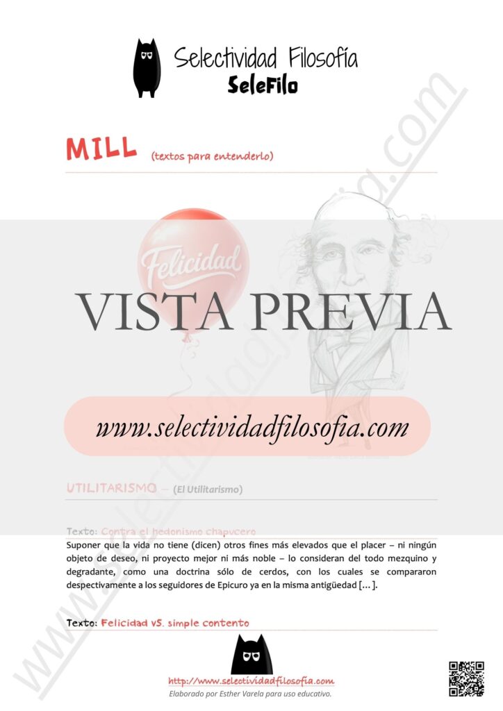 Vista previa de ficha de Batería de textos del filósofo Stuart Mill con idea resumen de cada uno de ellos, para los exámenes PAU y PCE de Filosofía. Descargable en botón inferior. De Esther Varela, SeleFilo.