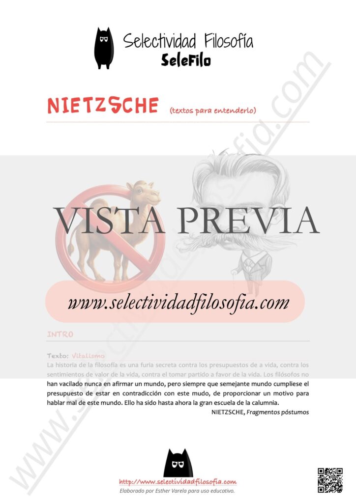Vista previa de ficha de Batería de textos del filósofo Nietzsche con idea resumen de cada uno de ellos, para los exámenes PAU y PCE de Filosofía. Descargable en botón inferior. De Esther Varela, SeleFilo.