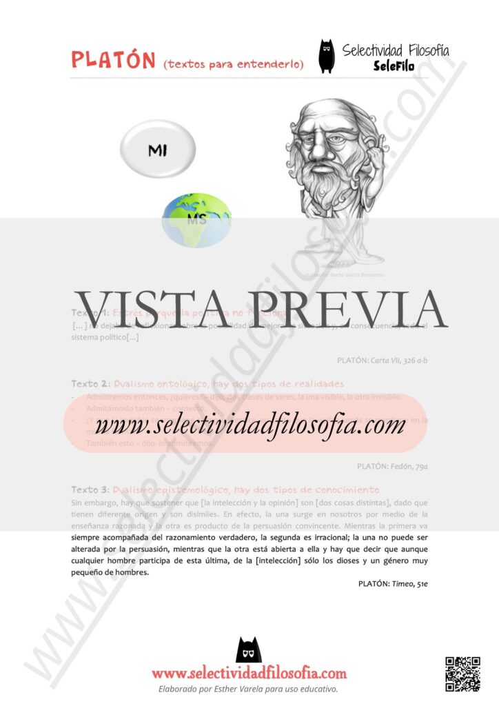 Vista previa de ficha de Batería de textos del filósofo Platón, con idea resumen de cada uno de ellos, para los exámenes PAU y PCE de Filosofía. Descargable en botón inferior. De Esther Varela, SeleFilo.