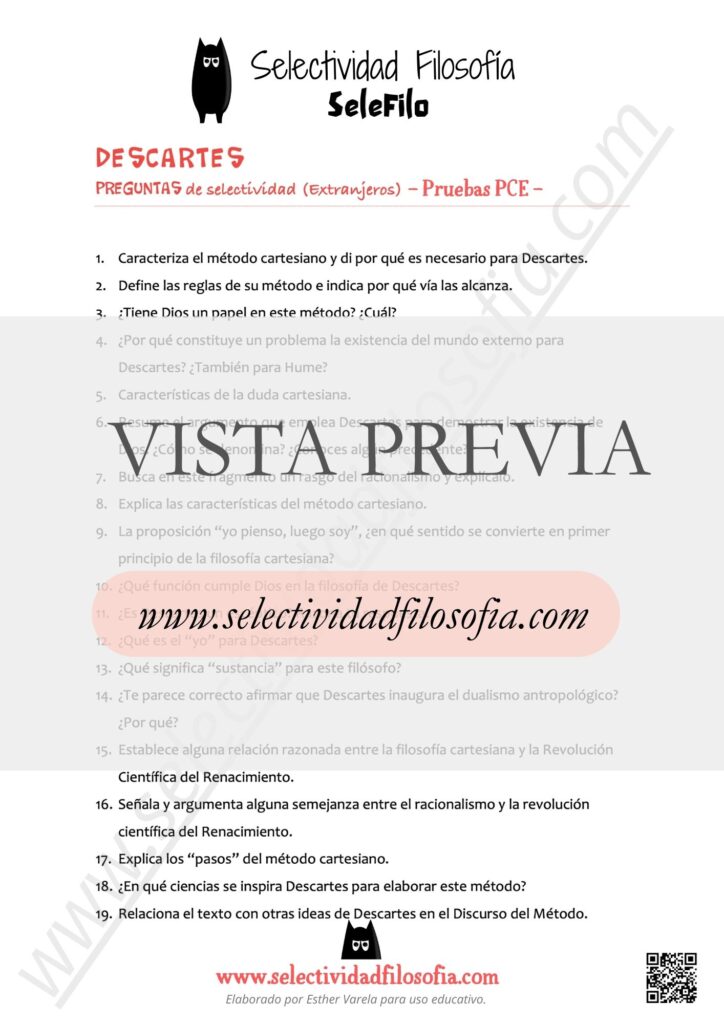 
Vista previa de batería de preguntas abiertas de Descartes, de exámenes oficiales de las Pruebas de Competencias Específicas (PCE) de Filosofía. Descargable en botón inferior. Elaborado por Esther Varela - SeleFilo.
