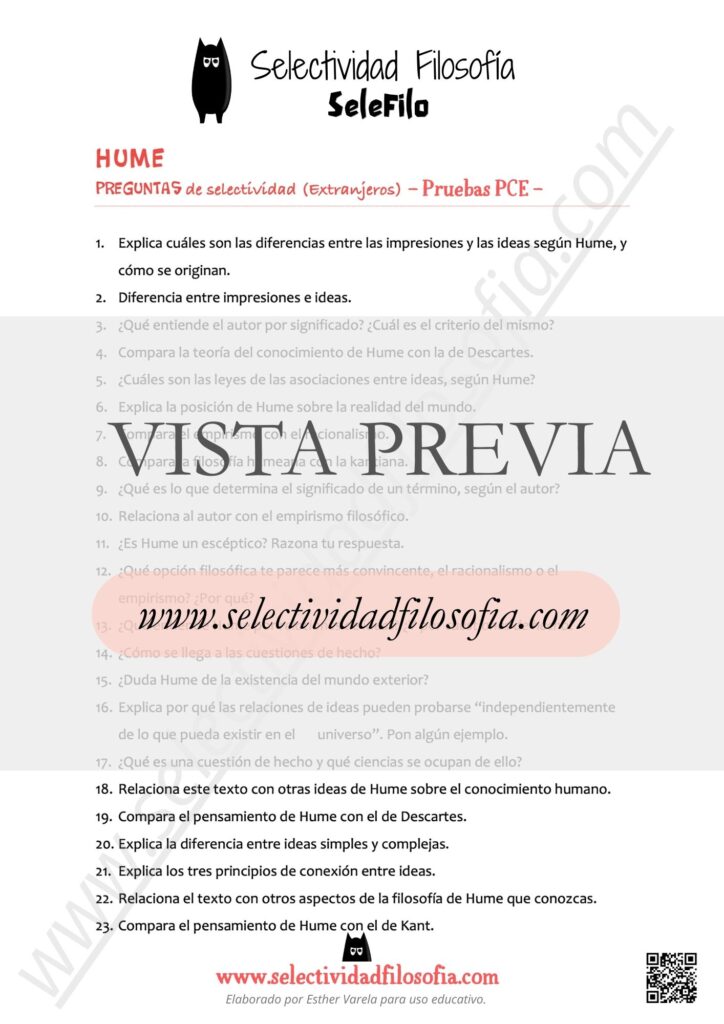 Vista previa de batería de preguntas abiertas de Hume de exámenes oficiales de las Pruebas de Competencias Específicas (PCE) de Filosofía. Descargable en botón inferior. Elaborado por Esther Varela - SeleFilo.