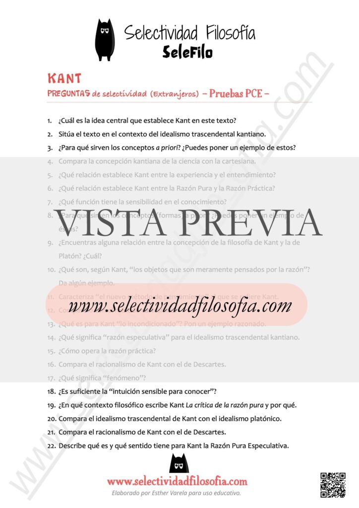Vista previa de batería de preguntas abiertas de Kant de exámenes oficiales de las Pruebas de Competencias Específicas (PCE) de Filosofía. Descargable en botón inferior. Elaborado por Esther Varela - SeleFilo.