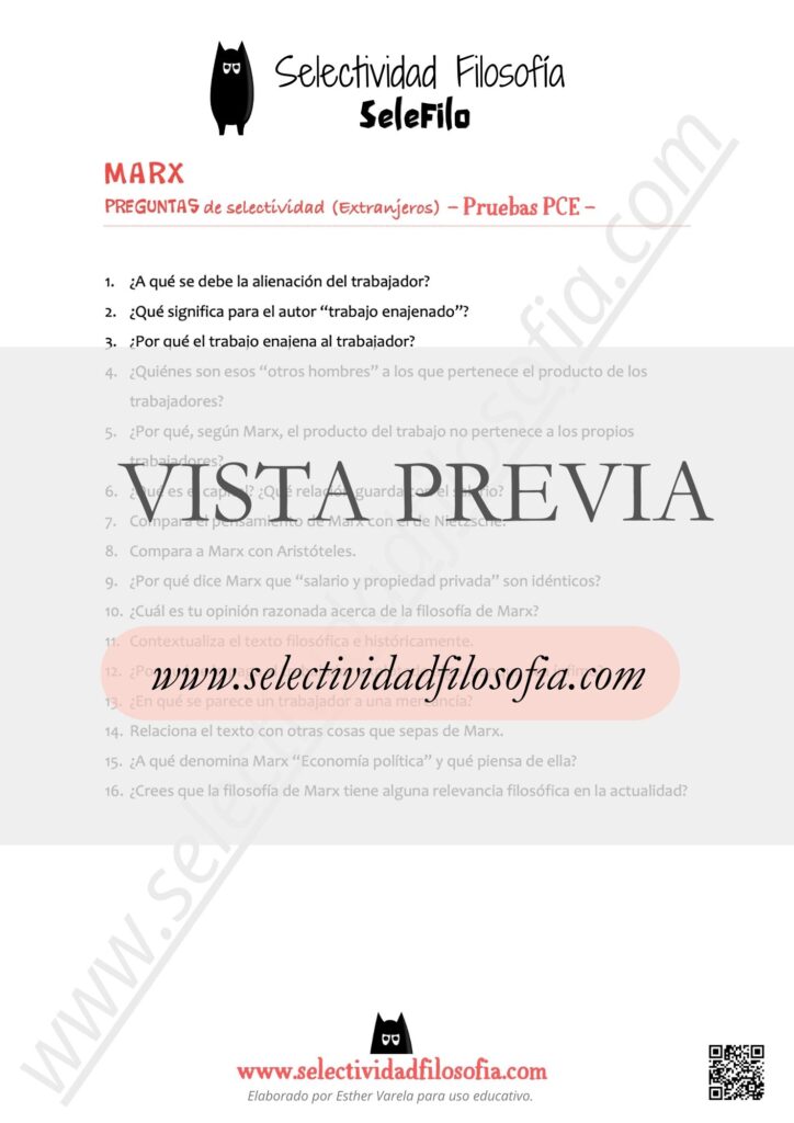 Vista previa de batería de preguntas abiertas de Marx de exámenes oficiales de las Pruebas de Competencias Específicas (PCE) de Filosofía. Descargable en botón inferior. Elaborado por Esther Varela - SeleFilo.