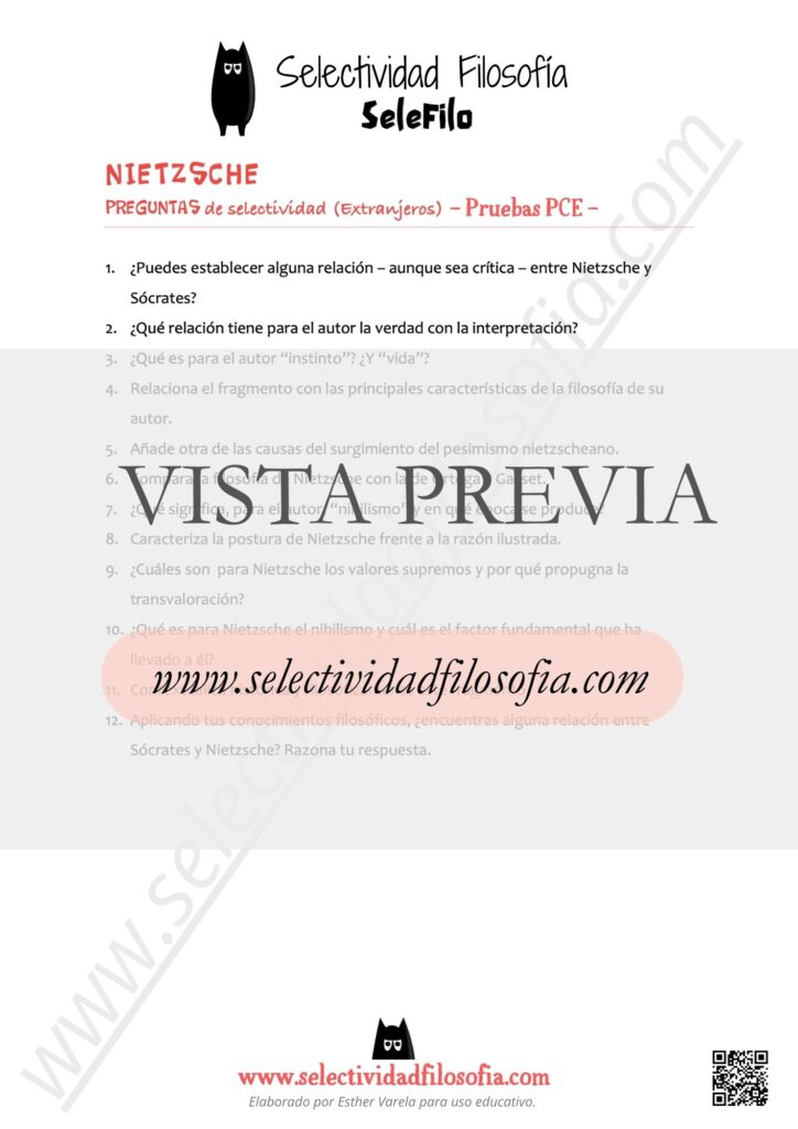 Vista previa de batería de preguntas abiertas de Nietzsche de exámenes oficiales de las Pruebas de Competencias Específicas (PCE) de Filosofía. Descargable en botón inferior. Elaborado por Esther Varela - SeleFilo.