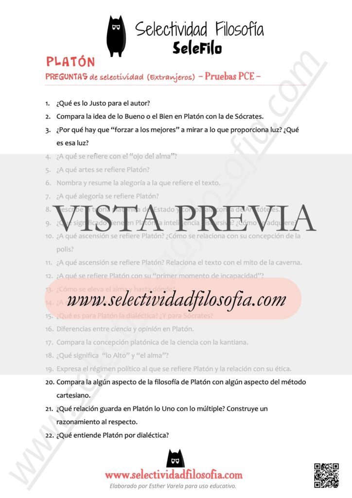 Vista previa de batería de preguntas abiertas de Platón, de exámenes oficiales de las Pruebas de Competencias Específicas (PCE) de Filosofía. Descargable en botón inferior. Elaborado por Esther Varela - SeleFilo.