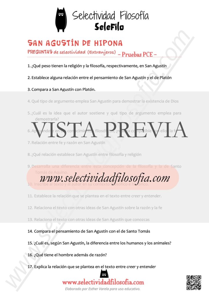 Vista previa de batería de preguntas abiertas de San Agustín de exámenes oficiales de las Pruebas de Competencias Específicas (PCE) de Filosofía. Descargable en botón inferior. Elaborado por Esther Varela - SeleFilo.