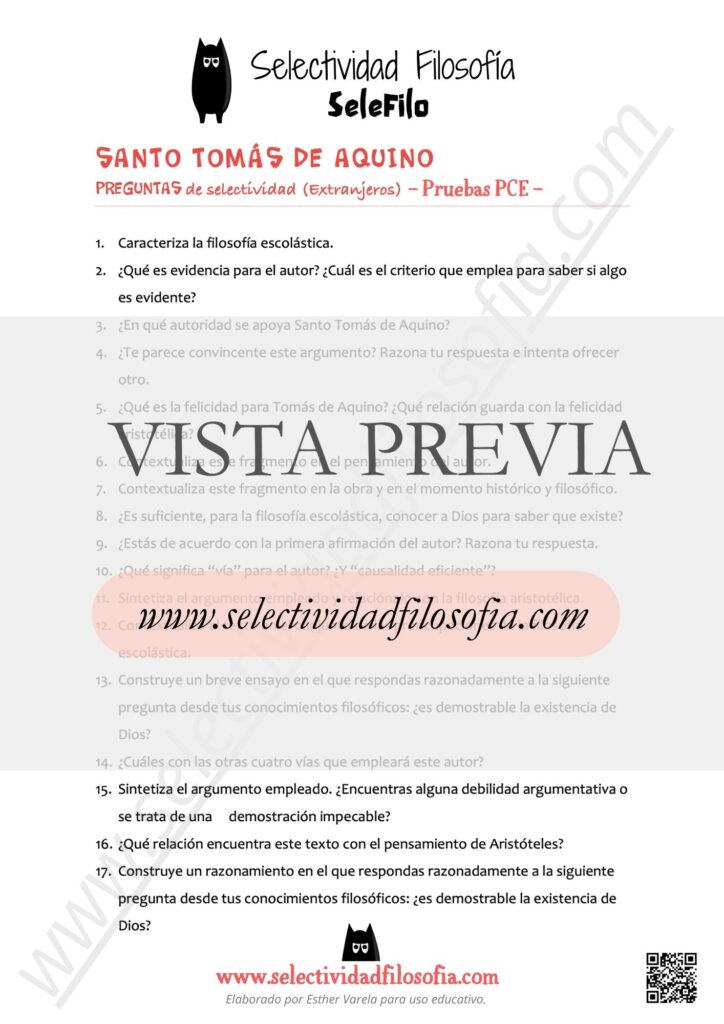 Vista previa de batería de preguntas abiertas de Santo Tomás de exámenes oficiales de las Pruebas de Competencias Específicas (PCE) de Filosofía. Descargable en botón inferior. Elaborado por Esther Varela - SeleFilo.