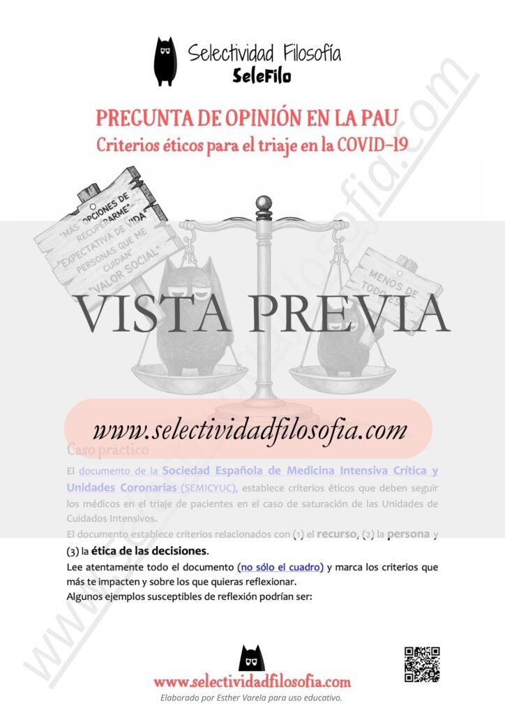 Vista previa de SeleFilo Pregunta de Opinión Criterios éticos para el triaje en la COVID-19, ficha descargable en botón inferior