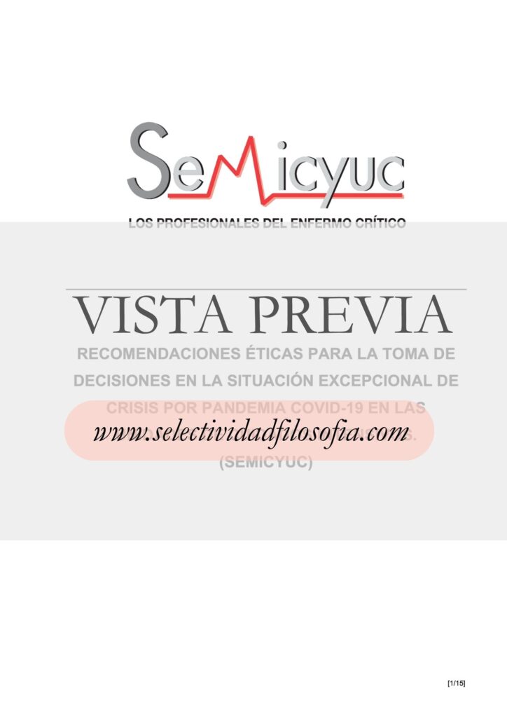 Vista previa de documento completo de la SEMICYUC (descargable en PDF en botón inferior) con recomendaciones éticas en situaciones de crisis.