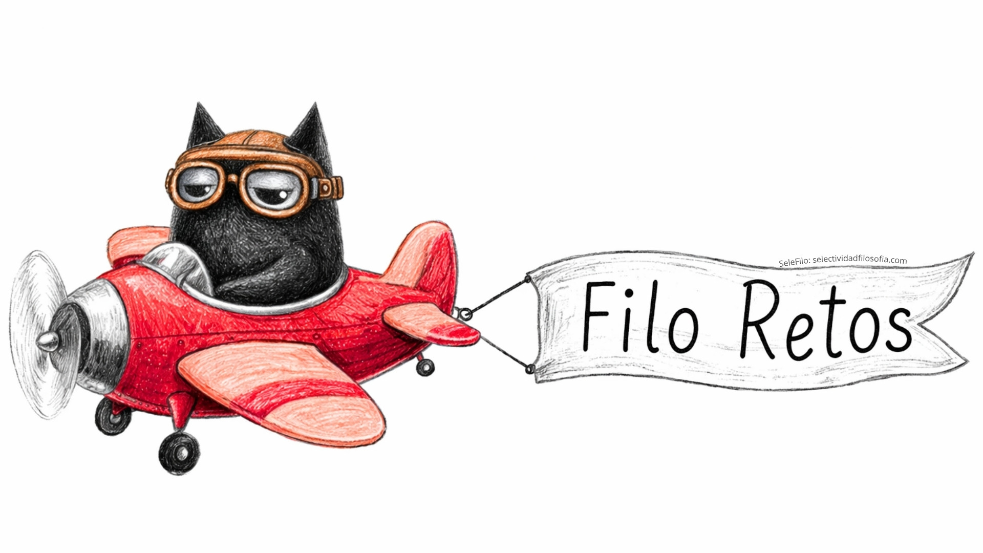 Personaje de SeleFilo (búho-gato negro) pilotando un avión con un cartel de Filo Retos.