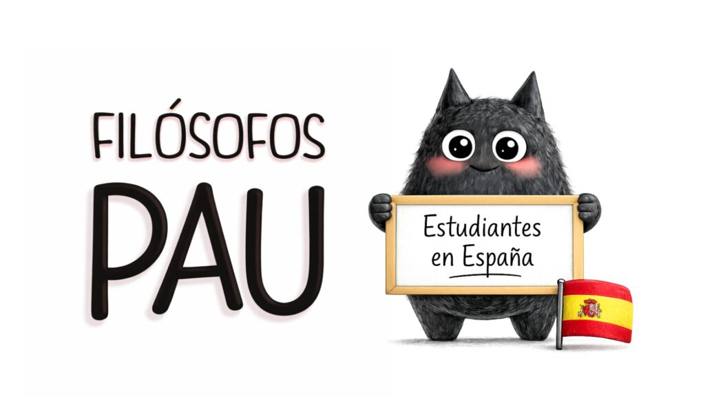 Filósofos en el examen PAU de Filosofía, con personaje de SeleFilo (búho-grato negro) ilustrado