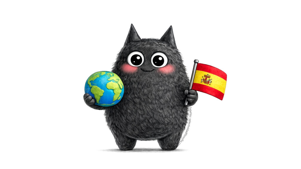 Personaje del blog SeleFilo (gato-búho negro) sosteniendo bola del mundo y bandera de España