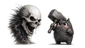 Personaje gato-búho negro del blog PAU/PCE SeleFilo, enfrentándose con un martillo a una calavera