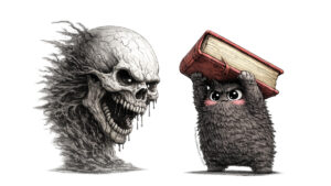 Personaje gato-búho negro del blog PAU/PCE SeleFilo, enfrentándose con un libro a una calavera