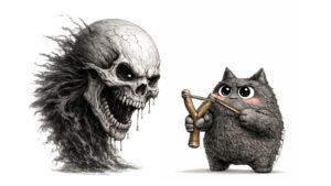 Personaje gato-búho negro del blog PAU/PCE SeleFilo, enfrentándose con un tirachinas a una calavera