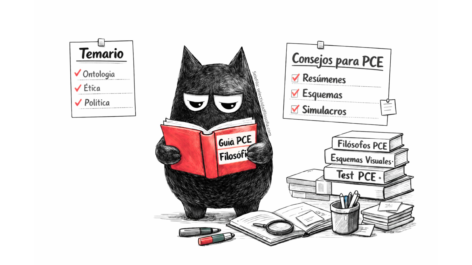 Personaje de SeleFilo (búho-gato negro) leyendo Guía de las pruebas PCE de Filosofía, ilustrando entrada sobre Selectividad para Extranjeros.