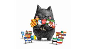 Personaje de SeleFilo (gato-búho) con banderas de las comunidades autónomas de españa