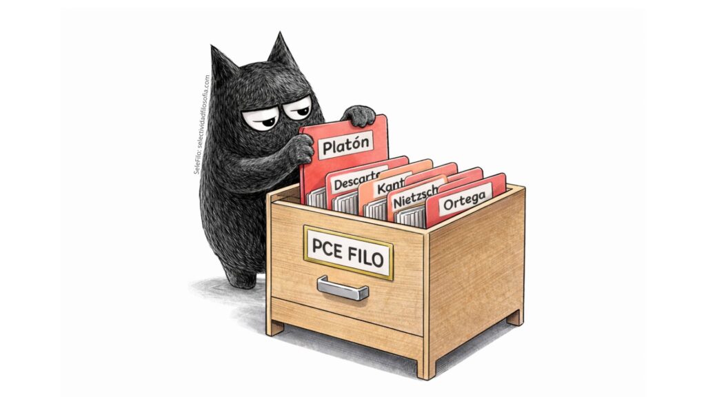 Personaje de SeleFilo (búho-gato negro) con archivador de exámenes de Filósofos (de las pruebas PCE de estudiantes extranjeros)