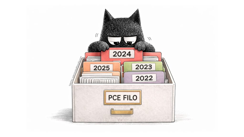 Personaje de SeleFilo (búho-gato negro) consultando Exámenes PCE de Filosofía de la Selectividad para Extranjeros.