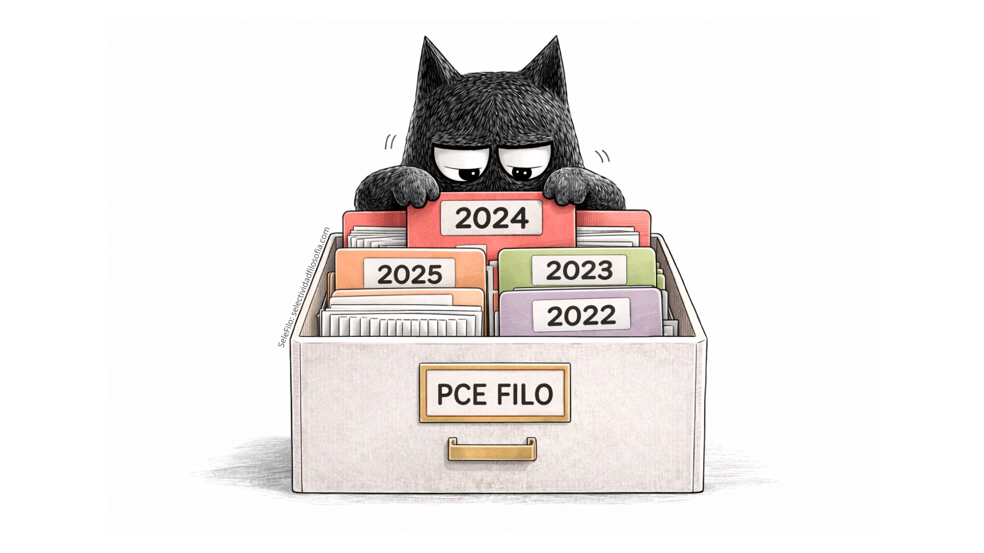 Personaje de SeleFilo (búho-gato negro) consultando Exámenes PCE de Filosofía de la Selectividad para Extranjeros.