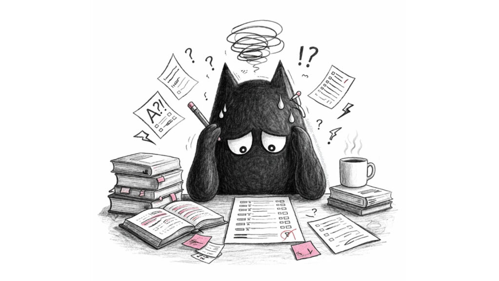 Ilustración del personaje mascota SeleFilo (del blog Selectividad Filosofía) estresado