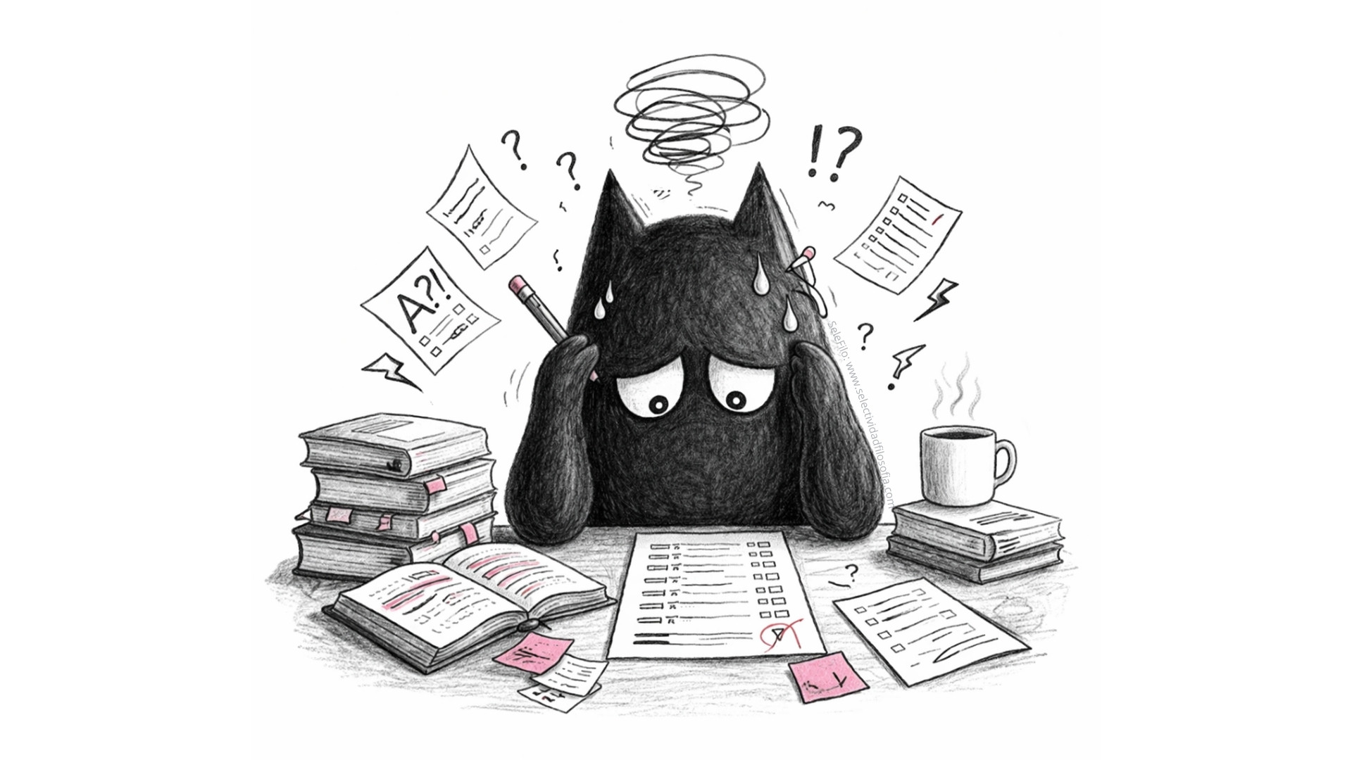 Ilustración del personaje mascota SeleFilo (del blog Selectividad Filosofía) estresado