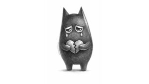 Ilustración del logo de SeleFilo (búho-gato negro) con el corazón roto