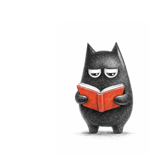 Búho-gato negro leyendo libro coral, ilustración del personaje del blog educativo Selectividad Filosofía (SeleFilo) de Esther Varela