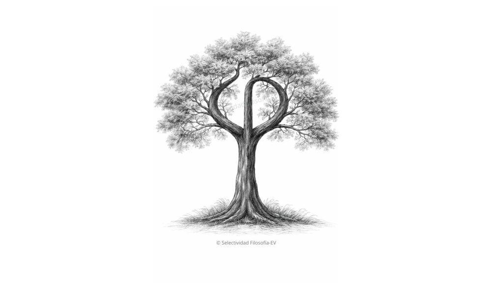 Árbol frondoso cuyo tronco y ramas principales forman el símbolo phi de la filosofía, ilustración en blanco y negro, creado por © Selectividad Filosofía-EV.