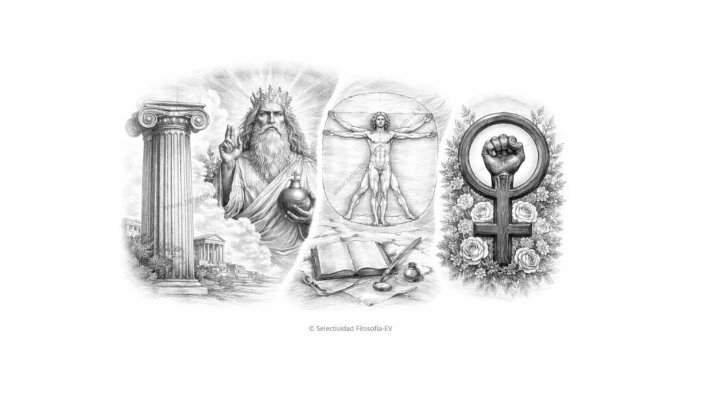 Ilustración en blanco y negro que integra una columna griega, figura divina medieval, hombre de proporciones clásicas y símbolo feminista, representando las etapas de la filosofía, creado por © Selectividad Filosofía-E