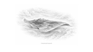 Tierra plana y delgada flotando y ondulando en el aire con suaves corrientes de viento, ilustración en blanco y negro estilo boceto, creado por © Selectividad Filosofía-EV.