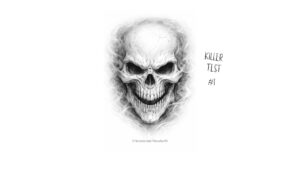 Calavera blanca con expresión amenazante y cavidades oscuras en ojos, nariz y boca, ilustración en blanco y negro estilo boceto de SeleFilo.