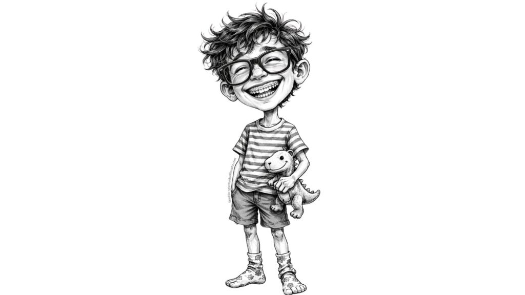 Ilustración de niño con gafas y dinosaurio sonriendo - SeleFilo