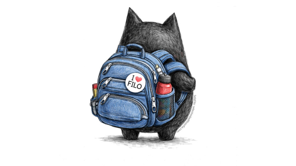 Personaje del blog SeleFilo (que es un gato-búho negro) con una mochila azul