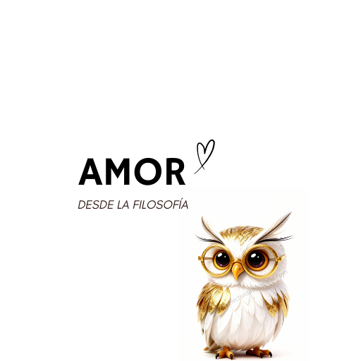 Ilustración minimalista con la palabra “Amor” y el subtítulo “desde la filosofía” junto al búho logo de SelectividadFilosofia.com (E.V.), con un pequeño corazón decorativo